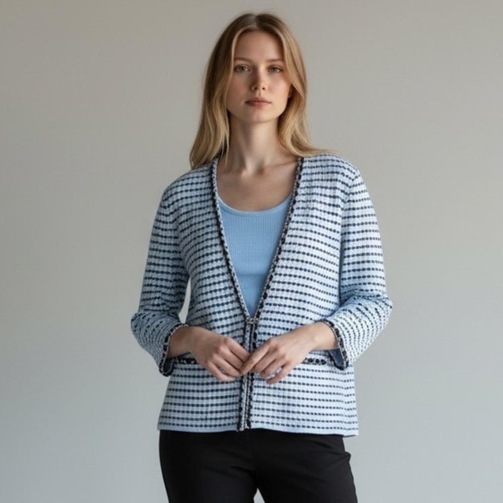 Ming Wang Knit Cardigan Jacket Tank Set‎ Chain Trim Textured Blue Travel Knit M